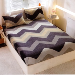 Cearsaf cu Elastic Cocolino 180x200cm si 2 fete de perna 50x70cm, Gri, Bej, Ziz-Zag