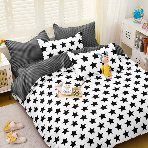 Lenjerie pat dublu cu Elastic (160x200cm si 180x200cm), bumbac satinat, Alb, Negru, stelute [1]