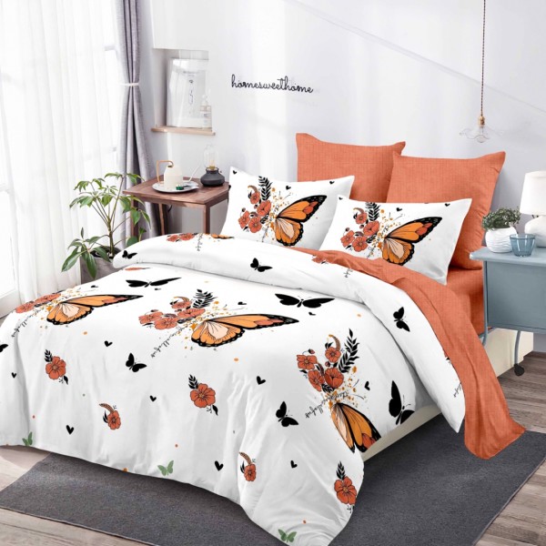 Lenjerie pat dublu,  FINET, cu elastic, 6 piese, Alb, Caramiziu, Fluturi [1]