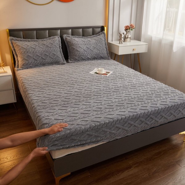 Cearșaf cu Elastic Cocolino, Model 3D Tricotat, 180x200x25 cm – Set cu 2 Fețe de Pernă, Gros și Pufos, Gri [1]