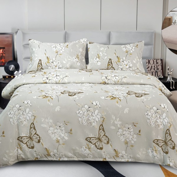 Lenjerie pat dublu, bumbac satinat,  Cearsaf cu ELASTIC 180x200cm, 4 PIESE, Bej, Flori si Fluturi [1]