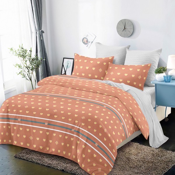 Lenjerie pat dublu,  FINET, cu elastic, 6 piese, Somon, Gri, Inimioare [1]