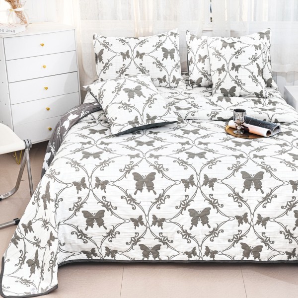 Cuvertura Pat Dublu, Bumbac cu In, Model Brodat Direct în Tesatura, 230x250 cm, 2 fete de perna 52x72cm, 2 fete de perna 46x46cm, Alb, Gri, Fluturi [1]