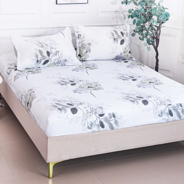 Cearsaf cu Elastic 180x200 cm + 2 Fete de Perna 50x70 cm, Alb, Frunze Gri cu Floricele [1]