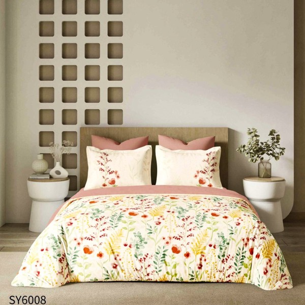 Lenjerie pat dublu,  FINET, Imprimeu Digital, cu ELASTIC, Crem, Roz, Flori [1]