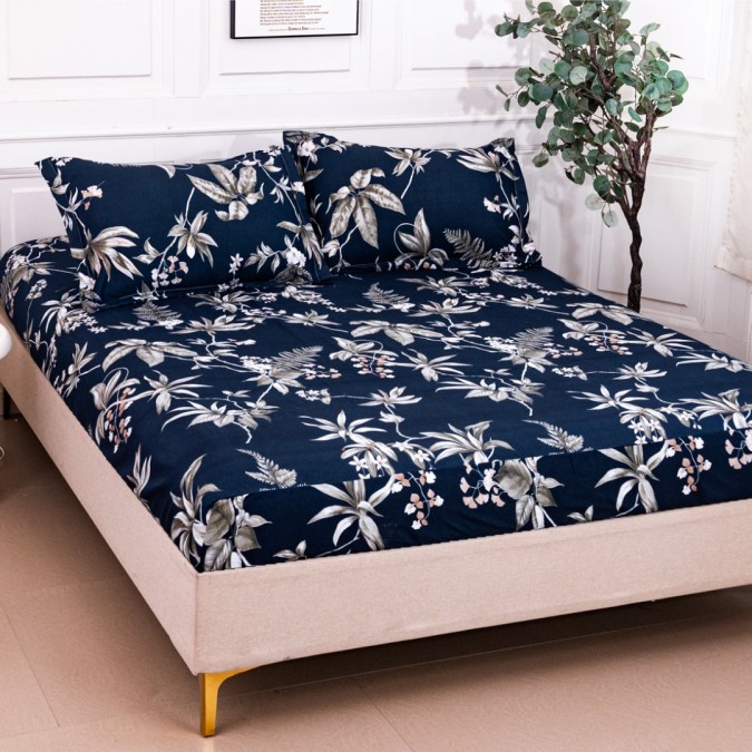 Cearșaf cu Elastic 180x200 cm + 2 Fețe de Pernă 50x70 cm – Bumbac Satinat Premium, Bleumarin, Frunze Gri