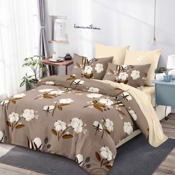 Lenjerie pat dublu,  FINET, cu elastic, 6 piese, Bej, Crem, Flori [1]