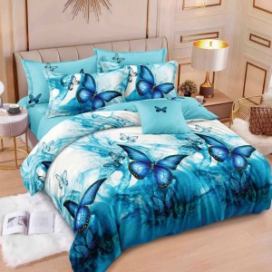 Lenjerie pat dublu (160x200cm, 180x200cm),  FINET, 6 piese, cu ELASTIC, Albastru Aqua, fluturi