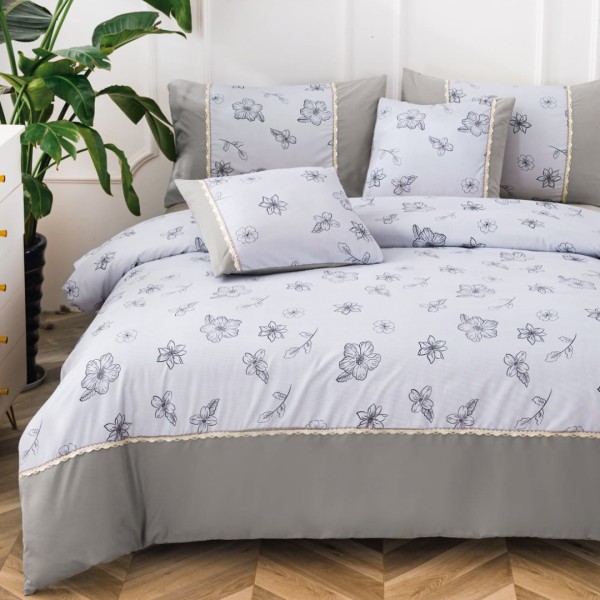Lenjerie Pat Dublu,  Finet Satinat, CEARSAF CU ELASTIC, 6 piese, Gri, Flori [1]
