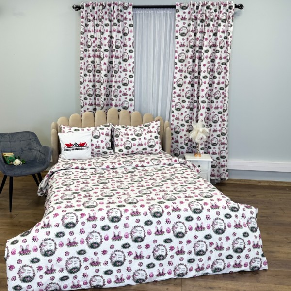 Set Lenjerie Pat Dublu 4 Piese + 2 Draperii 150x235cm din Bumbac Ranforsat – Confort și Eleganță, Fabricat în România, Alb, Lila, Iepurasi [1]