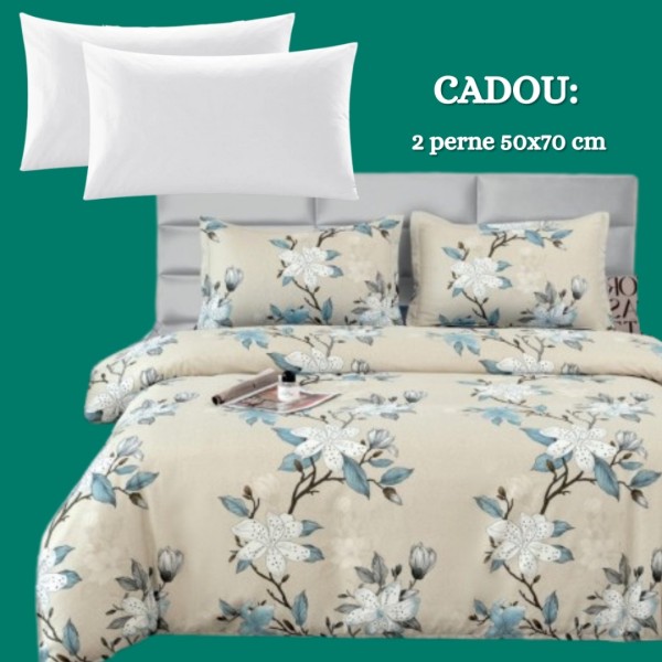 Lenjerie de Pat 4 Piese din Bumbac Satinat cu Cearsaf cu Elastic + 2 Perne Cadou 50x70 cm, cod INS-LSG169 [1]