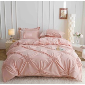 Lenjerie de Pat Premium, JOJO HOME, Finet Soft Touch, cu Inimioare din Pliuri Brodate, si Dantela Delicata, 6 Piese, Nesifonabilă și Durabilă, Roz Pal