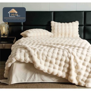 Lenjerie Luxury Pat Dublu, Jojo Home, ExtraPufoasa, din Blanita Artificiala tip Iepure, 6 piese, Crem