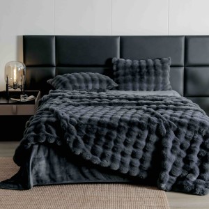 Lenjerie Luxury Pat Dublu, Jojo Home, ExtraPufoasa, din Blanita Artificiala tip Iepure, 6 piese, Antracit