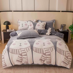 Lenjerie pat dublu, Super Pufoasa COCOLINO,cu ELASTIC, 4 piese, Jojo Home, Gri, Ursuleti