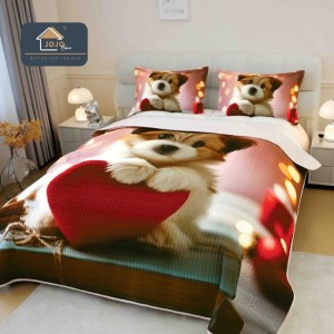 Cuvertura Matlasată, Bumbac Finet, cu Imprimeu 5D, 220x240cm + 2 fete de perna 50x70cm, Roz, Bej, Catelus cu Inimioara Cuvertura Matlasată, Bumbac Finet, cu Imprimeu 5D, 220x240cm + 2 fete de perna 50x70cm, Roz, Bej, Catelus cu Inimioara