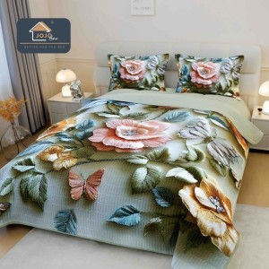 Cuvertura Matlasată, Bumbac Finet, cu Imprimeu 5D, 220x240cm + 2 fete de perna 50x70cm, Verde deschis, Flori Crosetate Cuvertura Matlasată, Bumbac Finet, cu Imprimeu 5D, 220x240cm + 2 fete de perna 50x70cm, Verde deschis, Flori Crosetate
