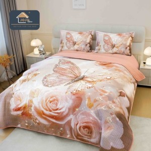 Cuvertura Matlasată, Bumbac Finet, cu Imprimeu 5D, 220x240cm + 2 fete de perna 50x70cm, Somon, Trandafiri, Fluturi