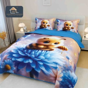 Cuvertura Matlasată, Bumbac Finet, cu Imprimeu 5D, 220x240cm + 2 fete de perna 50x70cm, Bleu, Albinuta