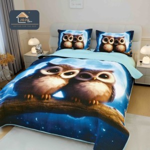 Cuvertura Matlasată, Bumbac Finet, cu Imprimeu 5D, 220x240cm + 2 fete de perna 50x70cm, Bleu, Bufnite