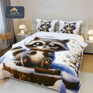 Cuvertura Matlasată, Bumbac Finet, cu Imprimeu 5D, 220x240cm + 2 fete de perna 50x70cm, Alb, Gri, Raton