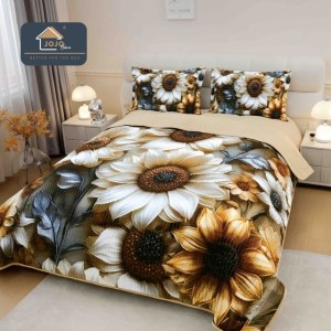 Cuvertura Matlasată, Bumbac Finet, cu Imprimeu 5D, 220x240cm + 2 fete de perna 50x70cm, Bej, Crem, Margarete Cuvertura Matlasată, Bumbac Finet, cu Imprimeu 5D, 220x240cm + 2 fete de perna 50x70cm, Bej, Crem, Margarete