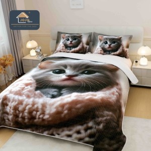 Cuvertura Matlasată, Bumbac Finet, cu Imprimeu 5D, 220x240cm + 2 fete de perna 50x70cm, Gri, Pisicuta
