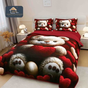 Cuvertura Matlasată, Bumbac Finet, cu Imprimeu 5D, 220x240cm + 2 fete de perna 50x70cm, Rosu, Ursulet, Inimioare Cuvertura Matlasată, Bumbac Finet, cu Imprimeu 5D, 220x240cm + 2 fete de perna 50x70cm, Rosu, Ursulet, Inimioare