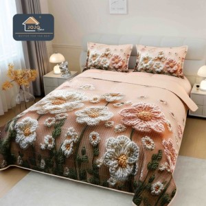 Cuvertura Matlasată, Bumbac Finet, cu Imprimeu 5D, 220x240cm + 2 fete de perna 50x70cm, Rozaliu, Flori Tricotate Cuvertura Matlasată, Bumbac Finet, cu Imprimeu 5D, 220x240cm + 2 fete de perna 50x70cm, Rozaliu, Flori Tricotate