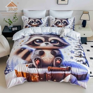 Lenjerie pat dublu, FINET, Imprimeu Digital 5D - Identic cu poza, Cu ELASTIC, 6 piese, Jojo Home, Alb, Raton