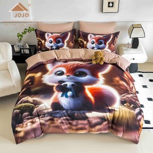 Lenjerie pat dublu, FINET, Imprimeu Digital 5D - Identic cu poza, Cu ELASTIC, 6 piese, Jojo Home, Maro, Veverita