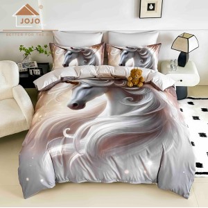 Lenjerie pat dublu, FINET, Imprimeu Digital 5D - Identic cu poza, Cu ELASTIC, 6 piese, Jojo Home, Alb, Gri, Unicorn