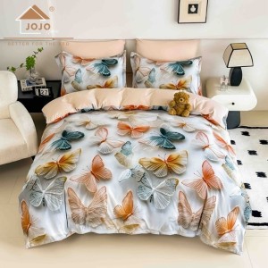 Lenjerie pat dublu, FINET, Imprimeu Digital 5D - Identic cu poza, Cu ELASTIC, 6 piese, Jojo Home, Crem, Bej, Fluturi