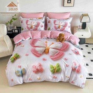 Lenjerie pat dublu, FINET, Imprimeu Digital 5D - Identic cu poza, Cu ELASTIC, 6 piese, Jojo Home, Alb, Roz, Fluturi