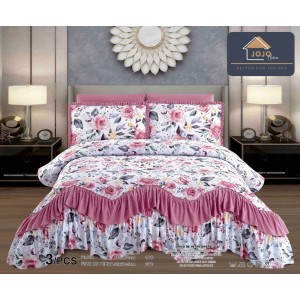 Cuvertura pat dublu, 3 piese, Bumbac Finet, 220x270cm, cu volanase, Jojo Home, Alb, Roz, Flori