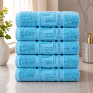Set 5 prosoape medii, Greek Border, 50x90cm, din 100% bumbac pakistanez,  480g, Bleu