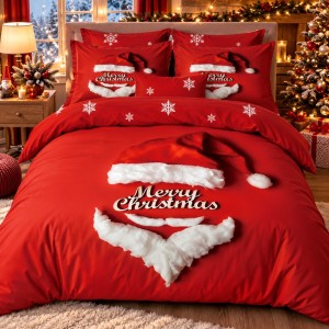 Lenjerie pat dublu, FINET, Imprimeu Digital 5D - Identic cu poza, Cu ELASTIC, 6 piese, Rosu, Merry Christmas