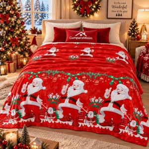 Patura pufoasa cocolino 200x230cm, 240g/mp, Rosu, Mos Craciun, Merry ChristMas