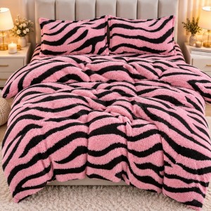 Lenjerie pat dublu, din Blanita COCOLINO Sherpa, cu ELASTIC, 4 piese, Roz, Zebra Print