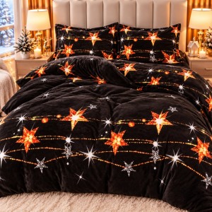 Lenjerie pat dublu, Super Pufoasa COCOLINO, 4 piese, Negru, Stelute