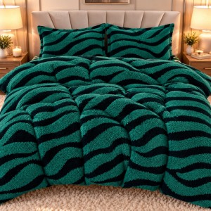 Lenjerie pat dublu, din Blanita COCOLINO Sherpa, cu ELASTIC, 4 piese, Verde, Zebra Print