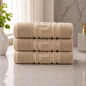 Set 3 prosoape mari, Greek Border, 70x130cm, din 100% bumbac pakistanez,  480g, Bej