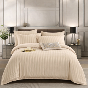 Lenjerie HoReCa, pat dublu, Damasc Finetat Deluxe cu Elastic, 6 piese, Bej deschis