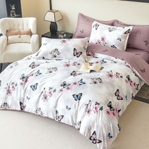 Lenjerie pat 1 PERSOANA,  FINET, 4 piese, Jojo Home, Alb, Mov, Fluturi