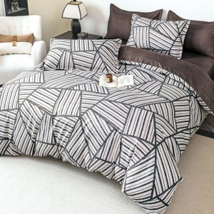 Lenjerie pat dublu,  FINET, 6 piese, cu ELASTIC, Jojo Home, Alb, Gri, Maro, Forme Geometrice