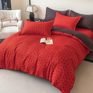 Lenjerie pat dublu,  FINET, 6 piese, cu ELASTIC, Jojo Home, Rosu, Negru, Bulinute