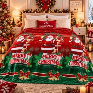 Patura pufoasa cocolino 200x230cm, 240g/mp, Rosu, Verde, Mos Craciun, Merry Christmas