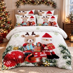 Lenjerie pat dublu, Bumbac Finet Satinat, 6 piese, Alb, Rosu, Decoratiuni de Craciun