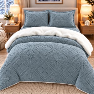 Lenjerie de Pat Dublu, CoCoLiNo Ultra Pufoasă, cu Blanita Sherpa Alba, 4 piese, Cearșaf cu ELASTIC, Model Traditional 3D, Gri albastrui Lenjerie de Pat Dublu, CoCoLiNo Ultra Pufoasă, cu Blanita Sherpa Alba, 4 piese, Cearșaf cu ELASTIC, Model Traditional 3D, Gri albastrui