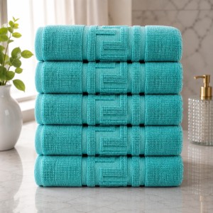 Set 5 prosoape medii, Greek Border, 50x90cm, din 100% bumbac pakistanez,  480g, Turquoise